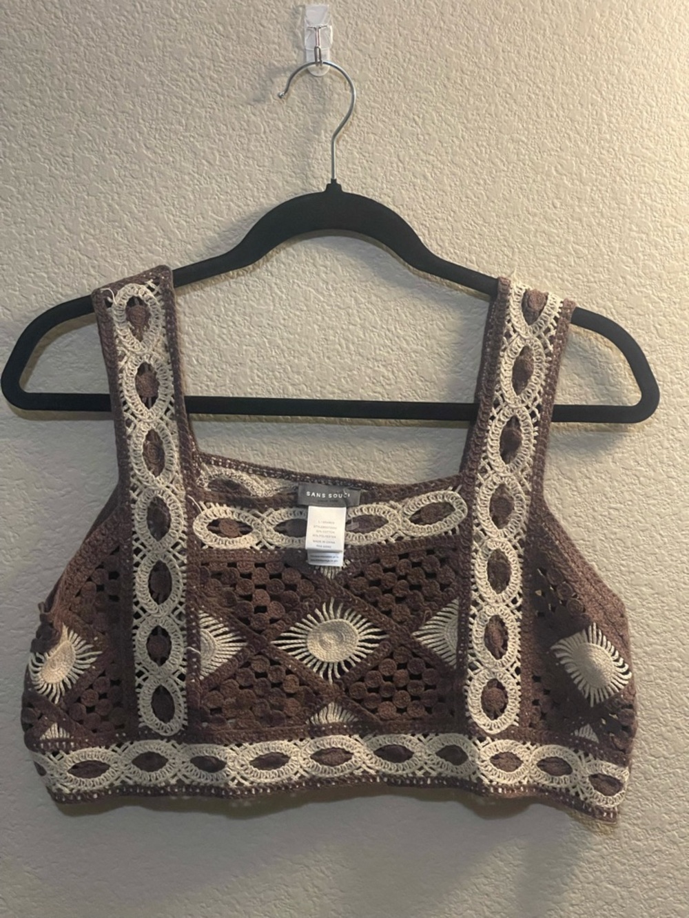 Sans Souci Brown & Cream Crochet Crop Tank Top